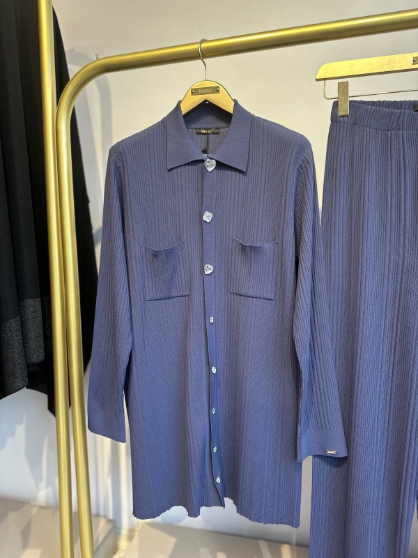 İNVEE Kalp Düğmeli Triko Takım - İndigo