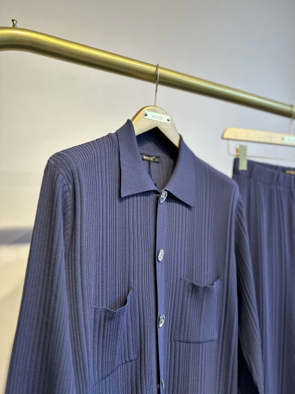 İNVEE Kalp Düğmeli Triko Takım - İndigo