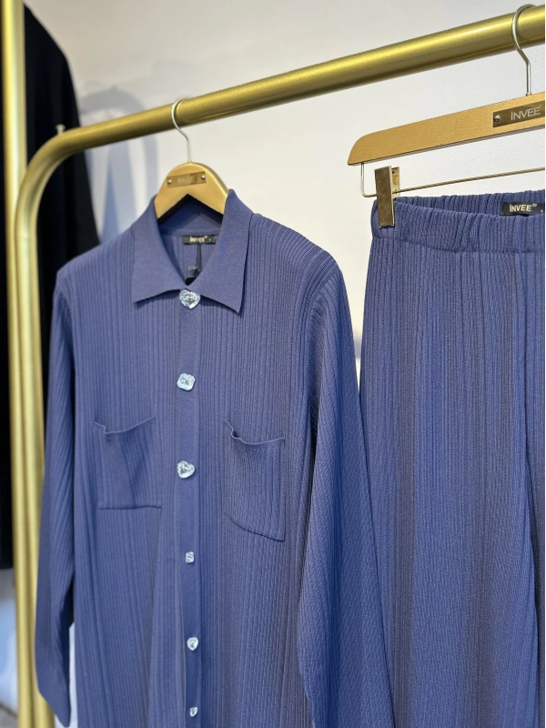 İNVEE Kalp Düğmeli Triko Takım - İndigo