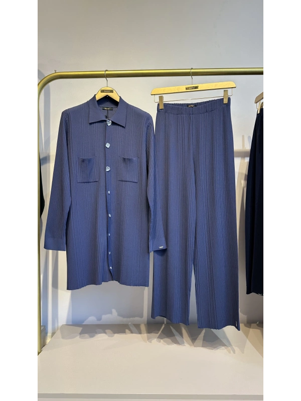 İNVEE Kalp Düğmeli Triko Takım - İndigo