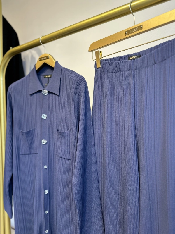 İNVEE Kalp Düğmeli Triko Takım - İndigo