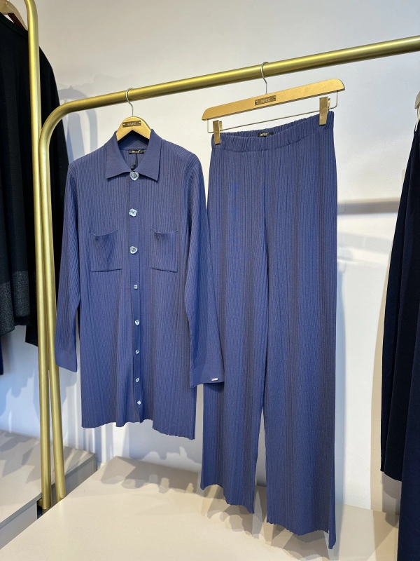 İNVEE Kalp Düğmeli Triko Takım - İndigo