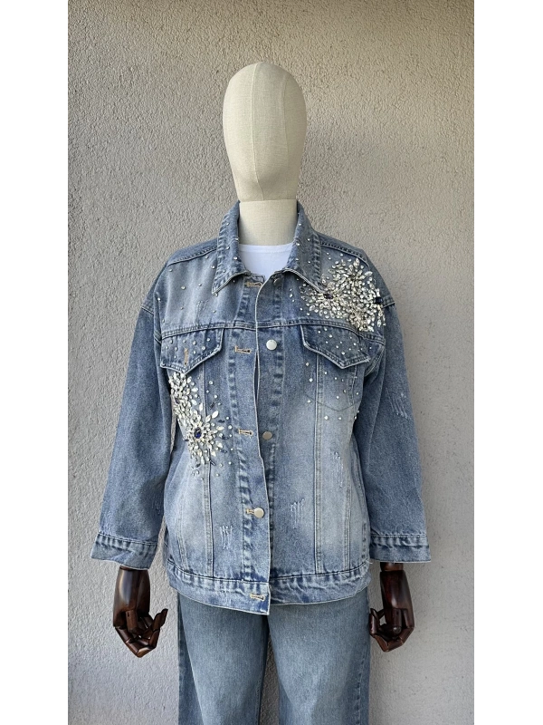 Taş İşlemeli Denim Ceket