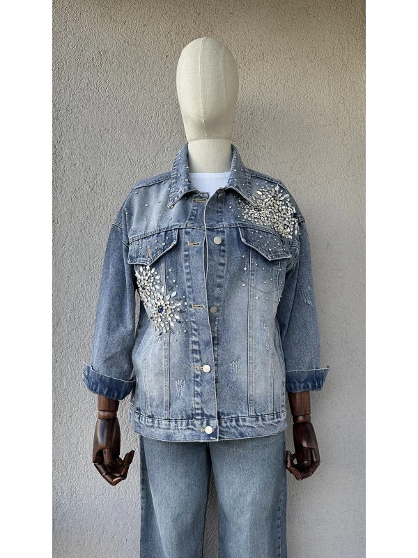 Taş İşlemeli Denim Ceket