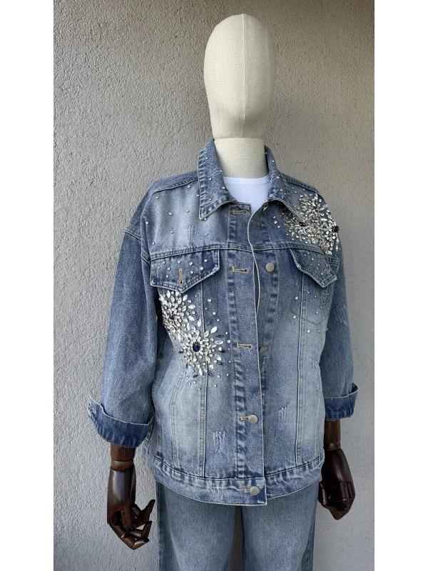Taş İşlemeli Denim Ceket