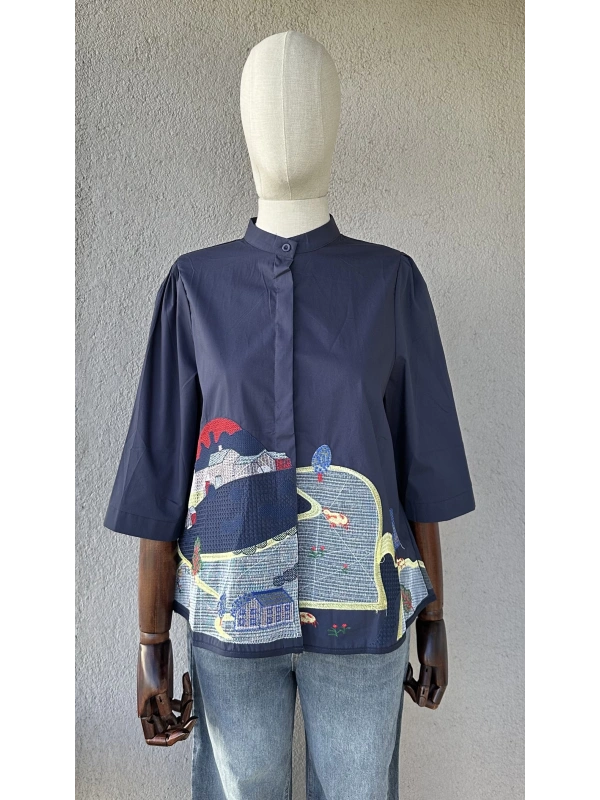 Nakış Detaylı Viskon Gömlek - Lacivert