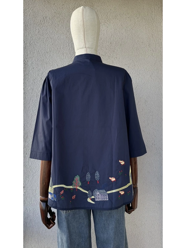 Nakış Detaylı Viskon Gömlek - Lacivert