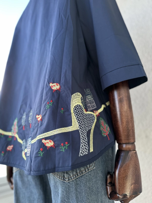 Nakış Detaylı Viskon Gömlek - Lacivert