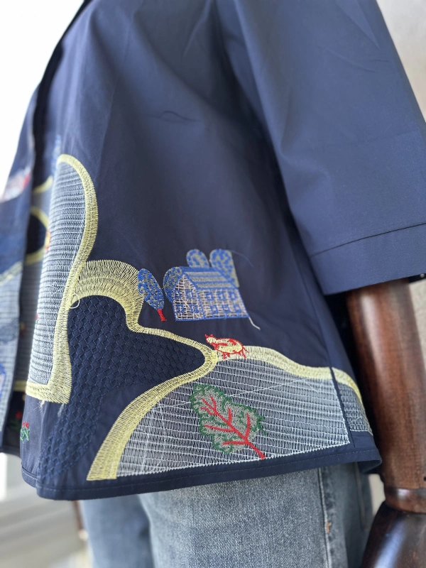 Nakış Detaylı Viskon Gömlek - Lacivert