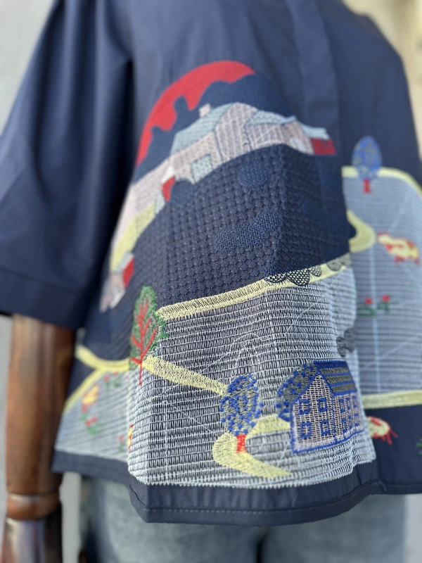 Nakış Detaylı Viskon Gömlek - Lacivert