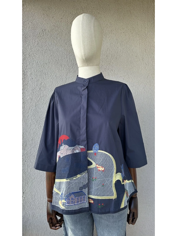 Nakış Detaylı Viskon Gömlek - Lacivert