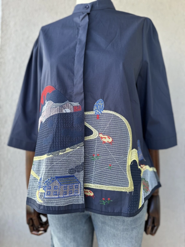 Nakış Detaylı Viskon Gömlek - Lacivert