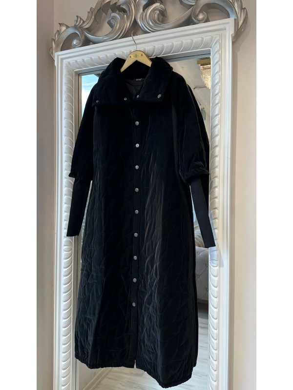 İNVEE Triko Detaylı İpek Deri Mont - Siyah