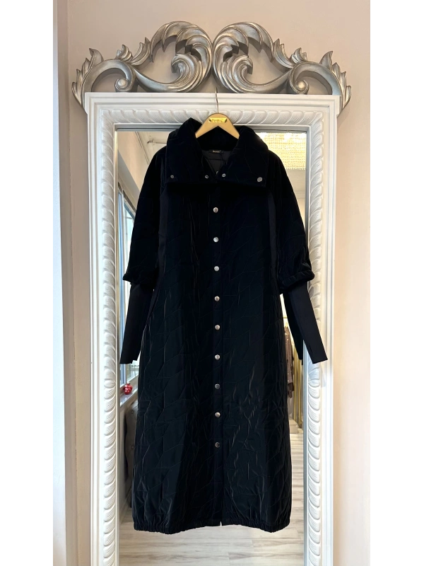 İNVEE Triko Detaylı İpek Deri Mont - Siyah