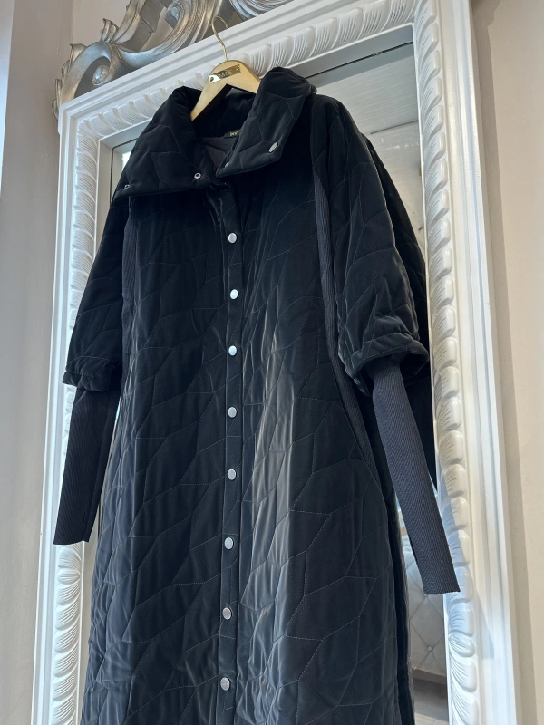 İNVEE Triko Detaylı İpek Deri Mont - Siyah