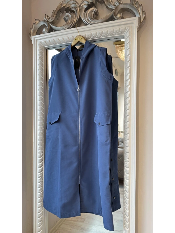 İNVEE Kapüşonlu Uzun Yelek - İndigo