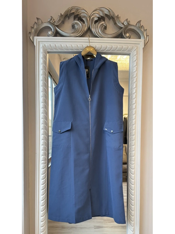 İNVEE Kapüşonlu Uzun Yelek - İndigo