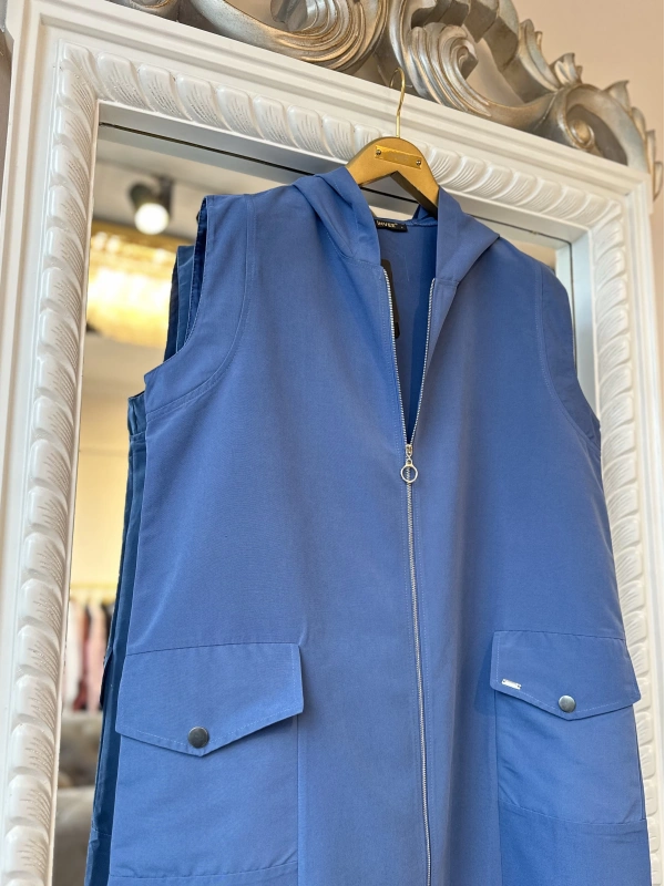 İNVEE Kapüşonlu Uzun Yelek - İndigo