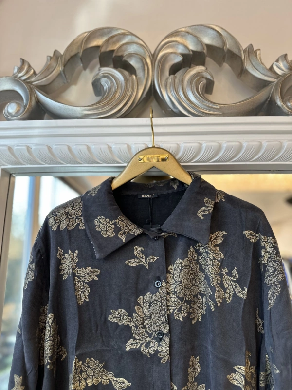 İNVEE Altın Floral Desenli Modal Gömlek