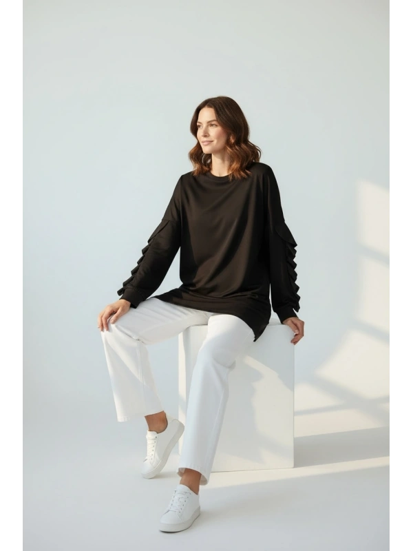 İNVEE Kolları Fırfır Detaylı Tunik - Siyah