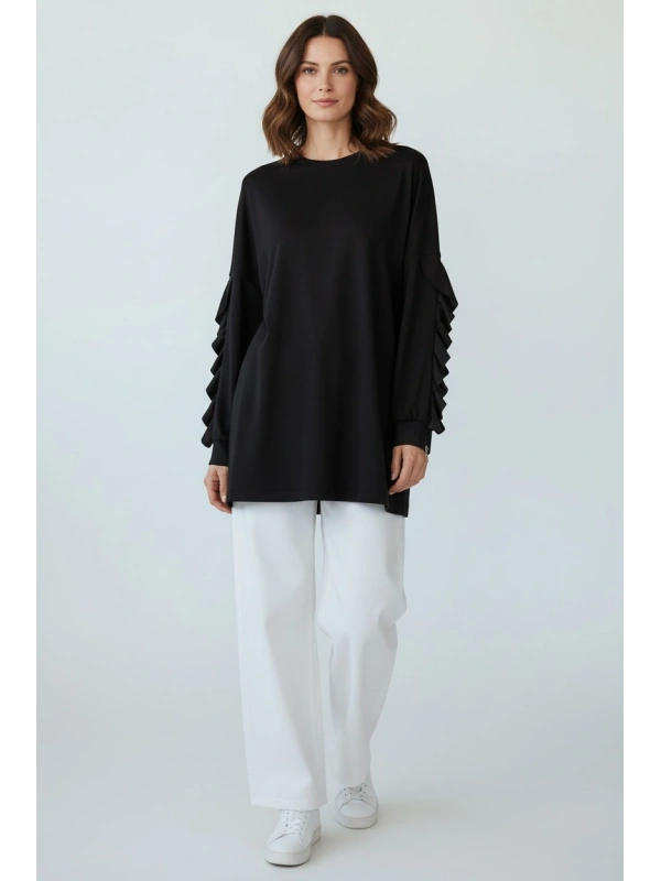 İNVEE Kolları Fırfır Detaylı Tunik - Siyah