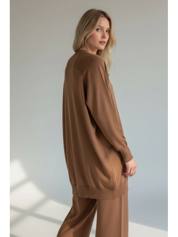 İNVEE Broş Detaylı Triko Hırka - Toprak