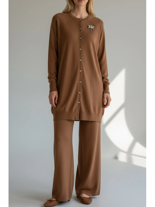 İNVEE Broş Detaylı Triko Hırka - Toprak