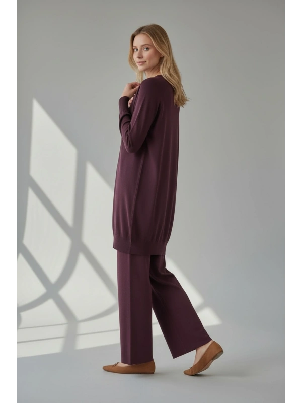 İNVEE Broş Detaylı Triko Hırka - Mürdüm