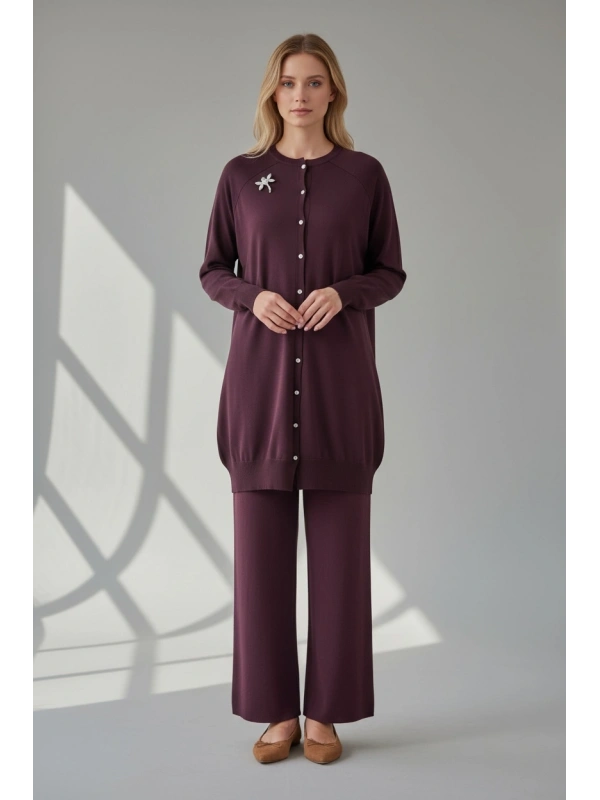 İNVEE Broş Detaylı Triko Hırka - Mürdüm