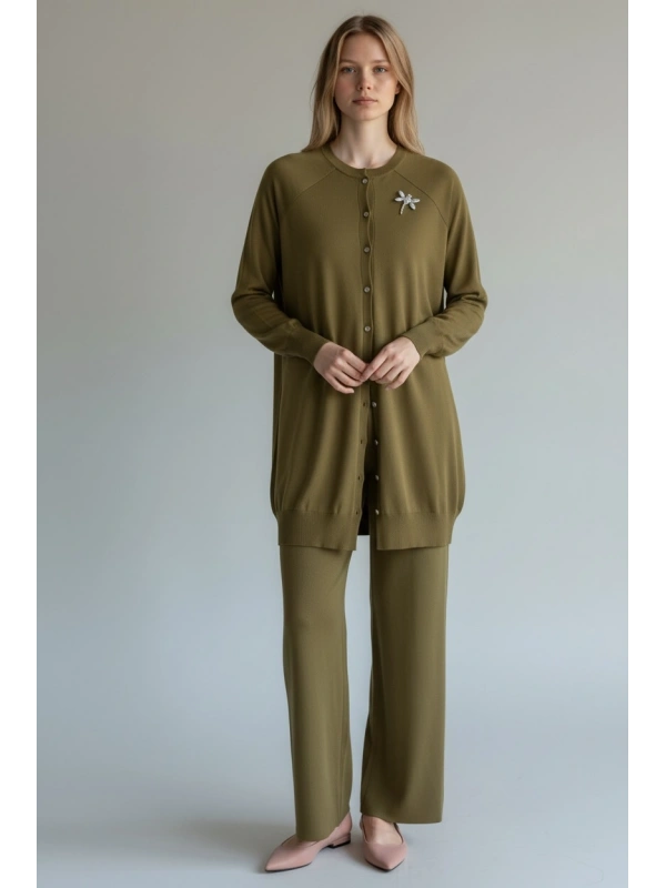 İNVEE Broş Detaylı Triko Hırka - Yağ Yeşili