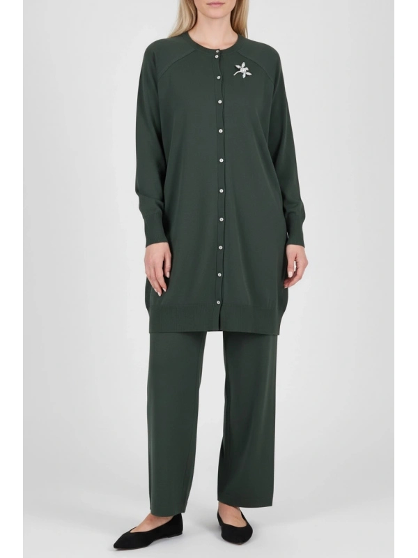 İNVEE Broş Detaylı Triko Hırka - Zümrüt