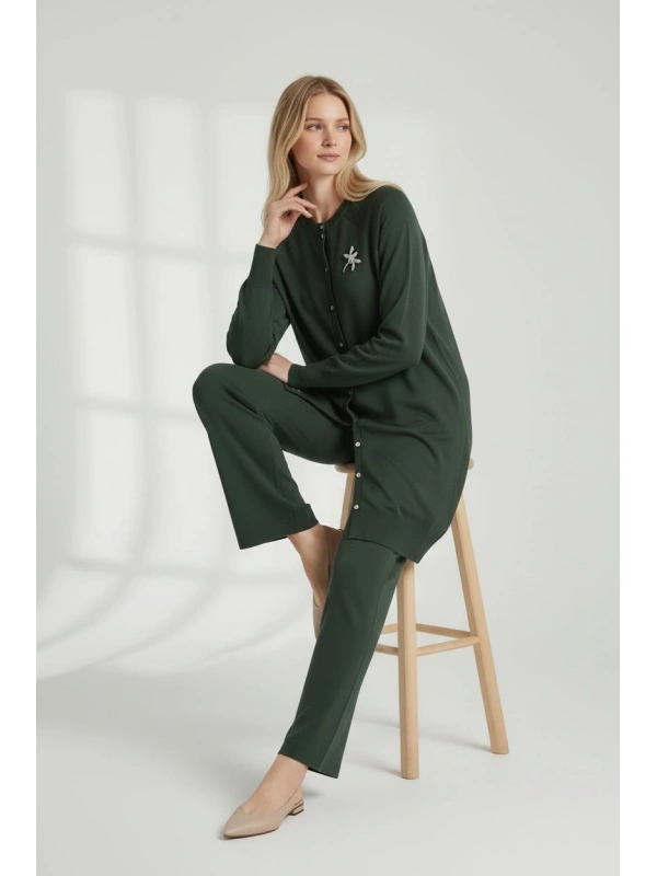 İNVEE Broş Detaylı Triko Hırka - Zümrüt