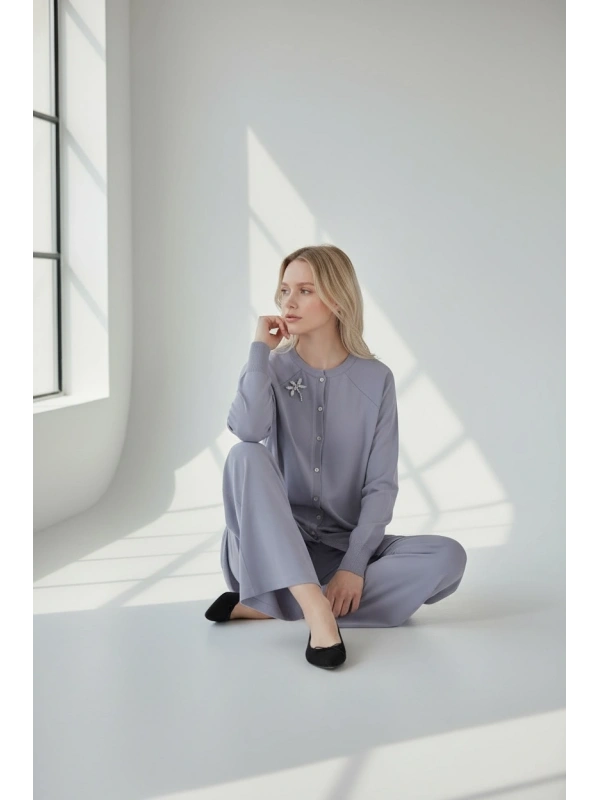 İNVEE Broş Detaylı Triko Hırka - Gri