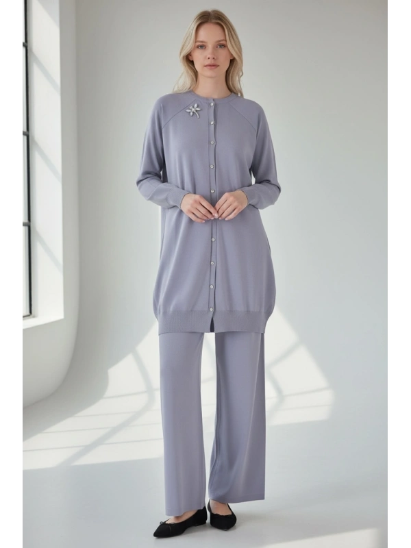 İNVEE Broş Detaylı Triko Hırka - Gri