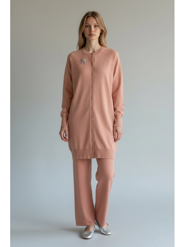 İNVEE Broş Detaylı Triko Hırka - Somon