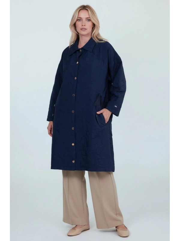 İNVEE Büyük Beden Yaprak Desenli Ceket - Lacivert