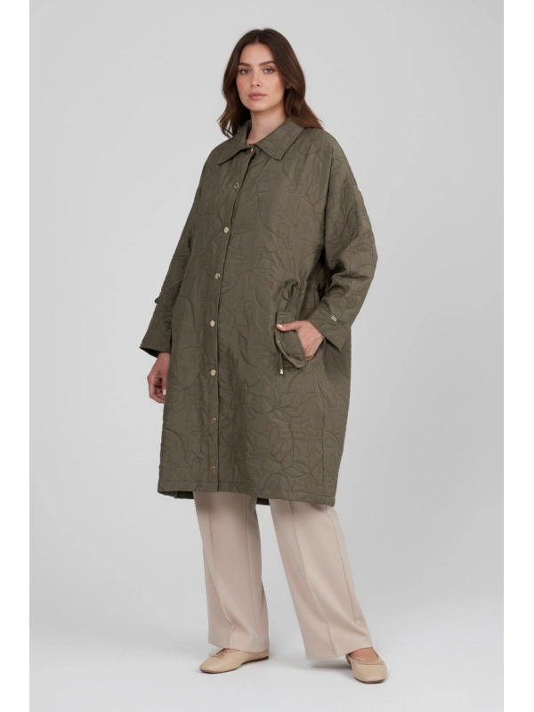 İNVEE Büyük Beden Yaprak Desenli Ceket - Haki