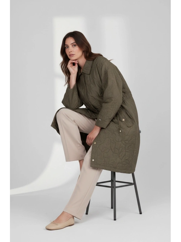 İNVEE Büyük Beden Yaprak Desenli Ceket - Haki