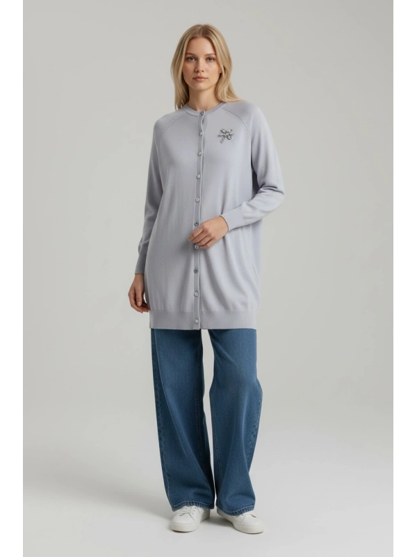 İNVEE İNVEE Broş Detaylı Triko Hırka - Açık Gri