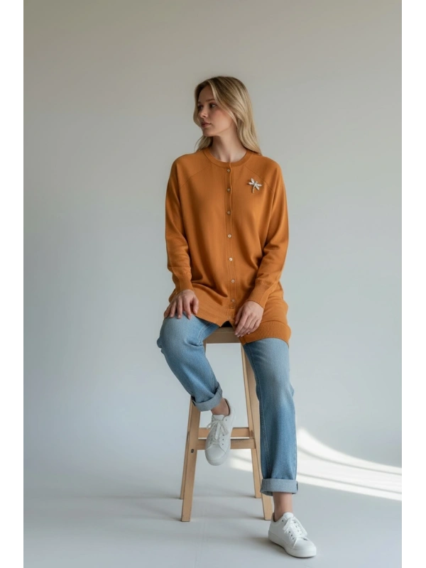 İNVEE Broş Detaylı Triko Hırka - Hardal