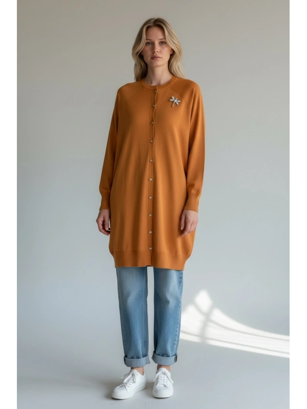 İNVEE Broş Detaylı Triko Hırka - Hardal