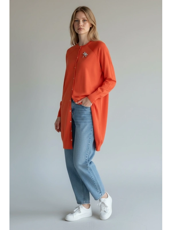 İNVEE Broş Detaylı Triko Hırka - Oranj