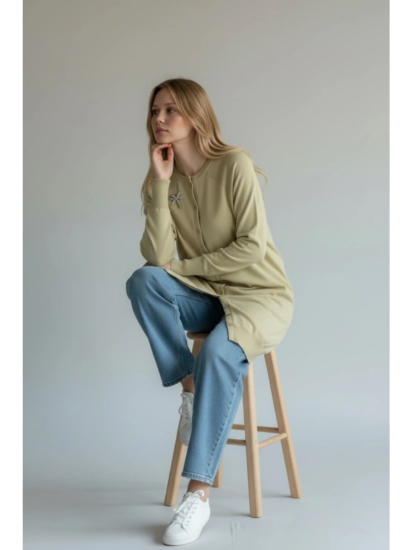 İNVEE Broş Detaylı Triko Hırka - Su Yeşili