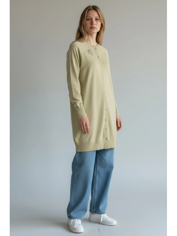 İNVEE Broş Detaylı Triko Hırka - Su Yeşili