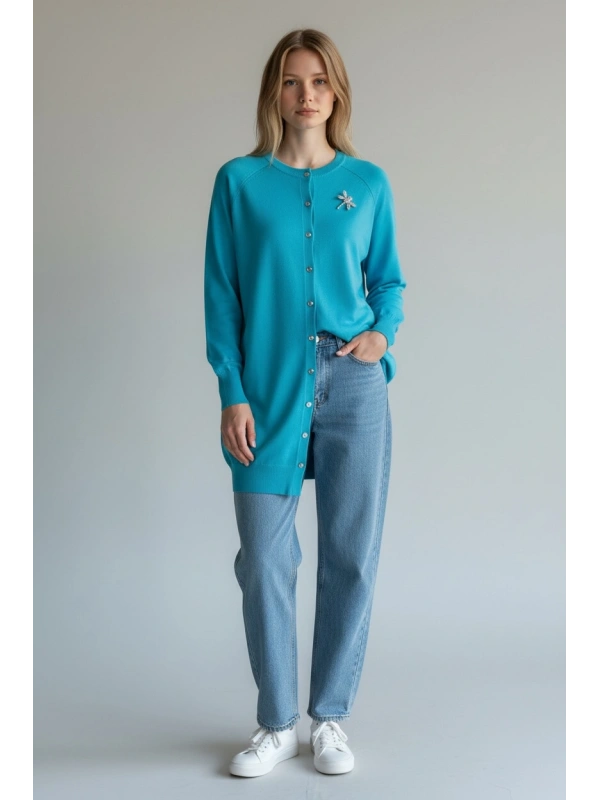 İNVEE Broş Detaylı Triko Hırka - Turkuaz