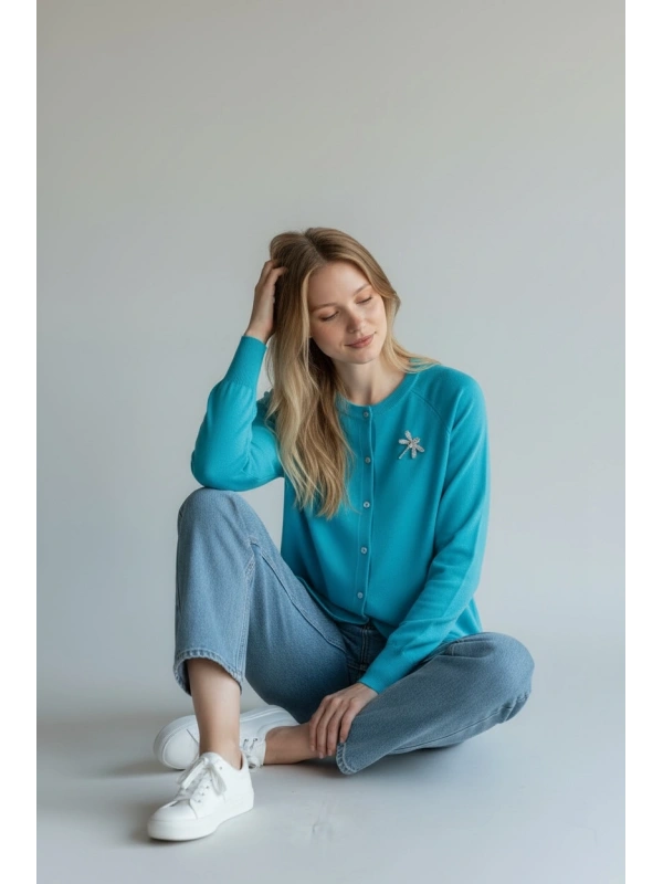 İNVEE Broş Detaylı Triko Hırka - Turkuaz