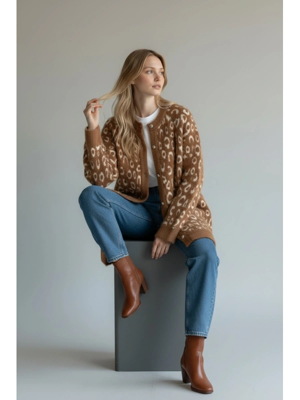 İNVEE Leopar Desenli Angora Hırka - Camel-Ekru