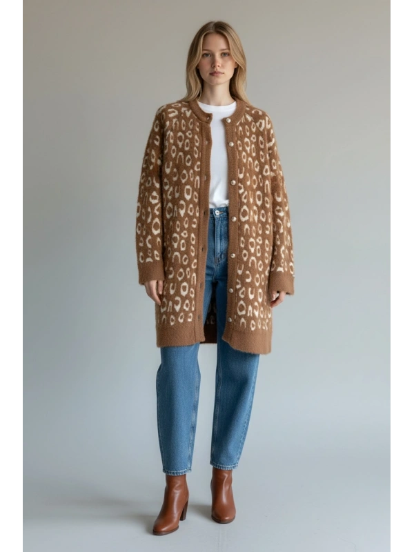 İNVEE Leopar Desenli Angora Hırka - Camel-Ekru