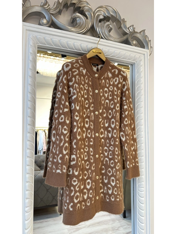 İNVEE Leopar Desenli Angora Hırka - Camel-Ekru