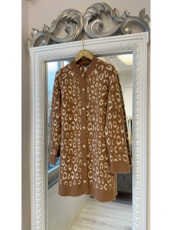 İNVEE Leopar Desenli Angora Hırka - Camel-Ekru